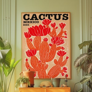 Kaktus Poster, 70er Jahre Wandbild, rotes Wandbild, Blumen Poster, Dopamin Dekor, oranges Wanddekor, psychedelische Kunst, Retro Poster, Trippy Print
