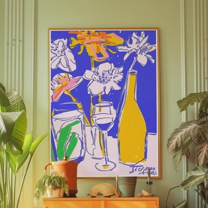 Cartel retro de los años 70, arte de pared azul, decoración de la sala de cocina, impresión estética kitsch, cartel de vino, arte de pared psicodélico, estampado de flores, decoración de dopamina