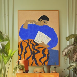 Cartel de arte lineal, impresión de pared de los años 70, arte de pared azul, cartel de mujer de moda, cartel dibujado a mano, arte de pared psicodélico, impresión retro, arte de pared trippy