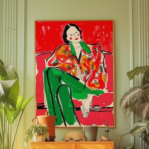 Trendy Woman Line Art Poster: Eclectic Red Wall Decor (Digital Download)