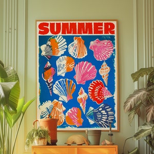 Cartel de Verano, Arte de pared roja, Decoración de pared de cocina, Cartel de casa de verano, Arte psicodélico, Impresión retro de los años 70, Cartel de concha de mar, Arte de pared ecléctico