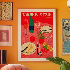 Retro 70s Dinner Party Line Art Poster: Kitchen & Dining Room Decor