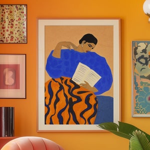 Blue Woman Reading Art Print: 70s Retro Line Art