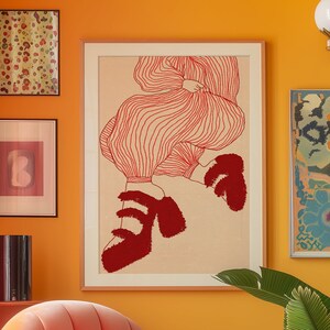 Red Line Art Poster: 70s Style Woman, Shoes Print