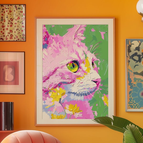 Pink Wall Art, Trendy Poster, Dopamine Decor, Psychedelic Art, Retro Poster, Animal Print, Cat Poster, Maximalist Wall Art, Trippy Poster