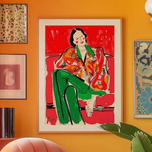 Trendy Woman Art Print: Eclectic Red Maximalist Wall Decor