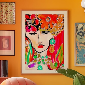 Eclectic Woman Portrait Print: Psychedelic Maximalist Wall Art