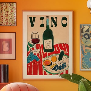 Póster de verano, arte mural rojo, decoración de dopamina, póster de cocina, póster de casa de verano, póster psicodélico, impresión retro, impresión de cena, impresión de vino