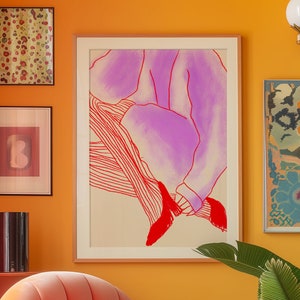 Cartel de arte de línea roja, impresión de pared de los años 70, arte de pared roja, cartel de mujer de moda, cartel de zapatos, arte de pared psicodélico, impresión retro, arte de pared trippy