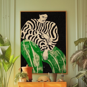 Cartel de arte de línea negra, impresión de pared de los años 70, arte de pared verde, cartel de mujer de moda, cartel de dopamina, arte psicodélico, impresión retro, arte de pared trippy