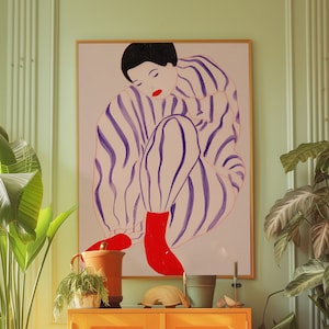 Cartel de arte lineal, cartel de los años 70, arte de pared roja, decoración de pared de moda, cartel vintage, arte psicodélico, impresión retro, cartel trippy, impresión estética