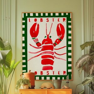 Cartel de langosta, arte maximalista ecléctico, arte de pared roja, decoración de pared de cocina, cartel de animales, arte psicodélico retro, cartel de comida, decoración de dopamina