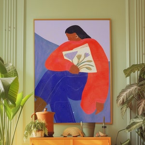 Cartel de arte lineal, impresión de pared de los años 70, arte de pared azul, cartel de mujer de moda, cartel dibujado a mano, arte de pared psicodélico, impresión retro, arte de pared trippy
