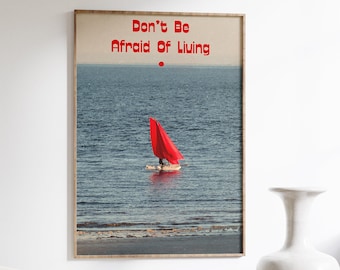 70s Retro Poster: Red Sailboat Beach Print, Red Wall Art