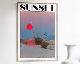 Retro Sunset Print: 70s Style Red Wall Art
