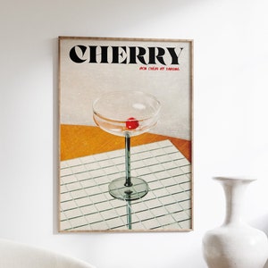 Póster de cerezas, arte de pared retro, póster de los años 70, arte psicodélico, decoración de pared moderna, arte de pared de cerezas, impresión preppy, arte de pared moderno, decoración vintage