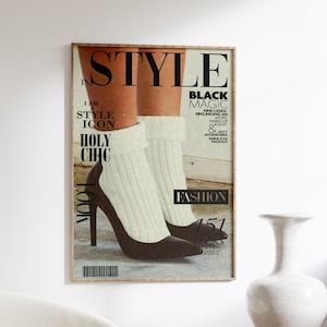 Cartel de la revista Style, impresión retro de los años 70, arte de pared negro, cartel de tacones altos, cartel de la casa de verano, arte psicodélico, impresión de moda, arte trippy