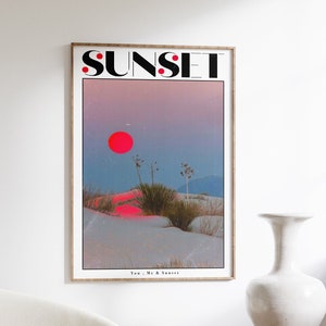Póster de puesta de sol, impresión retro de los años 70, arte de pared rojo, póster de playa, póster de casa de verano, arte psicodélico, póster psicodélico, impresión preppy, póster de dormitorio