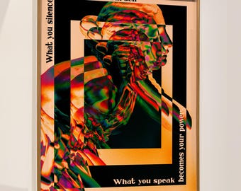Abstract Glitch Statue Art: Surreal Modern Wall Print, Maximalist Quote Poster, Psychedelic Colors Art