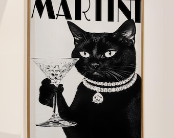 Black Cat Martini Art Print: Lounge Bar Wall Decor