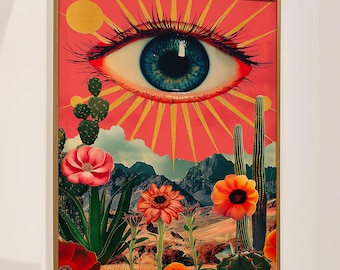 Surreal Desert Landscape Print: Giant Eye, Cactus Flowers, Psychedelic Art