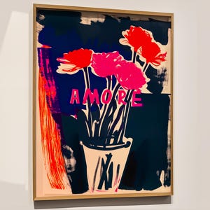 Amore Poster, Bold Floral Art, Hot Pink Orange Poster, Romantic Print, Modern Italian Typography Poster, Dopamine Decor, Maximalist Wall Art