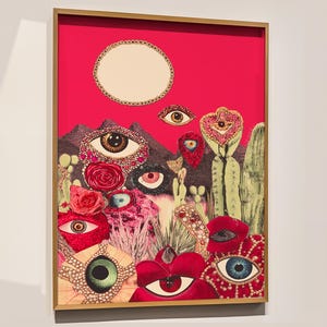 Collage de ojos del desierto, póster rosa maximalista, decoración de pared surrealista, estampado de cactus llamativo, obra de arte con ojos místicos, arte de pared moderno, decoración de dopamina
