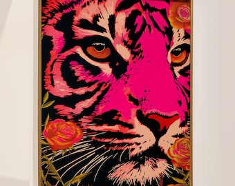 Hot Pink Tiger Pop Art Print: Maximalist Floral Animal Decor