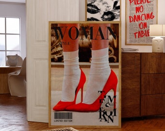 Rote High Heels Poster: Retro Frau Stil Magazin Druck (Digitaler Download)