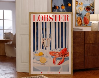 Lobster Poster, 70s Poster, Food Print, Red Wall Art, Kitchen Wall Art, Summer House Poster, Psychedelic Art, Trendy Retro Print, Trippy Art