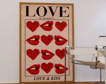 70s Love & Kiss Poster: Retro Red Wall Art (Digital Download)