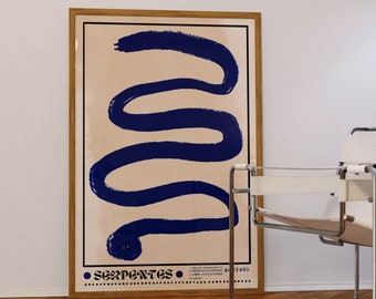Affiche Serpentes, affiche des années 70, art mural bleu, décoration de salon, impression d'art tendance, affiche psychédélique, impression rétro, art trippy, impression serpent