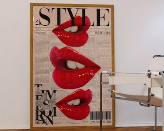 Red Lips Magazine Print: 70s Retro Wall Style, Newspaper Print
