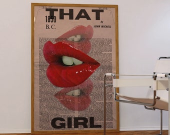 Póster de labios rojos de la revista Woman: arte mural retro de los años 70