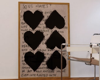 Love Letter Print, Black Hearts, Soulmate Poster, 70s Retro Art