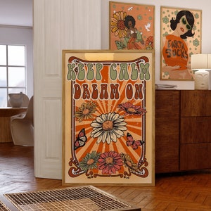 Keep Calm, Dream On,70s Decor,70s Floral Pattern Print,Retro 70s Home Decor,70s Wall Art Flower Child Art, Hippie Print, Vintage Poster,
