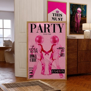 Cartel de la revista Party, impresión de los años 70, arte de la pared rosa, cartel disco, cartel de la casa de verano, arte psicodélico, impresión retro, arte trippy, impresión preppy