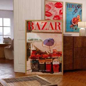 Póster de la revista Vogue, impresión de pared de los años 70, arte mural rojo, póster de Bazaar Italy, póster de Summer House, arte psicodélico, impresión retro, arte mural psicodélico