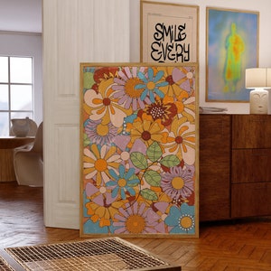 Póster vintage, Decoración retro del hogar, Arte de pared de los años 70, Decoración del hogar boho, Decoración de dormitorio de los años 70, Póster de flores, Impresión de arte psicodélico, Arte de pared moderno