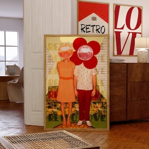 Retro Love, Magazin Poster, 70er Jahre Wanddruck, Rote Wand Kunst, Diskokugel Poster, Paar Poster, Psychedelische Kunst, Vintage Print, Trippy Wandkunst