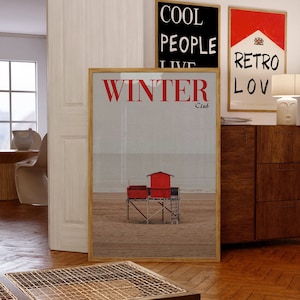 Winter Beach House Poster: 70s Retro Red Wall Art (Digital Download)