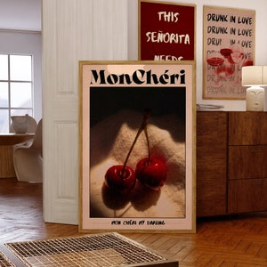 Cartel de cereza, cartel retro, arte de pared de los años 70, cartel psicodélico, arte de pared roja, estampado de cereza, impresión estética, impresión de moda, decoración de pared de cocina