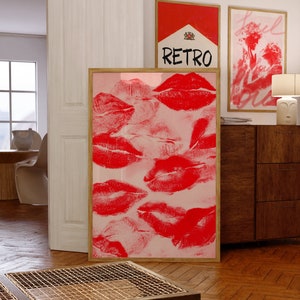Pôster de beijo, pôster de arte dos anos 70, arte de parede vermelha, pôster de jornal, pôster de casa de verão, arte psicodélica, impressão retrô, arte de parede trippy, pôster de amor
