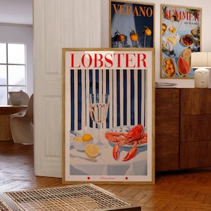 Cartel de langosta, cartel de los años 70, impresión de comida, arte de la pared roja, arte de la pared de la cocina, cartel de la casa de verano, arte psicodélico, impresión retro de moda, arte trippy