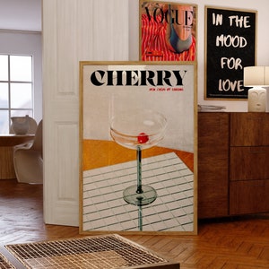 Kirsche Poster, Retro Wandkunst, 70er Jahre Psychedelischer Druck, Funky Wanddekor, Kirsche Wandkunst, Preppy Print, trendige Wandkunst, Vintage Dekoration