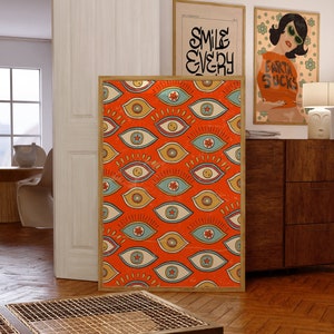 Arte de pared de los años 70, arte de pared de moda, póster psicodélico, póster de ojos, decoración retro del hogar, póster Y2K, decoración de pared naranja, póster hippie, impresión psicodélica