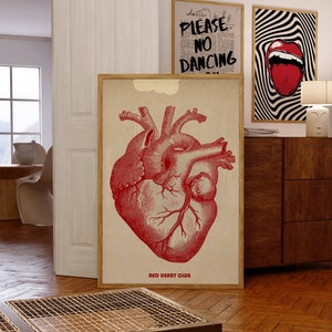 Red Heart Print, Arte de pared de moda, Impresión de aura, Póster estético, Impresión hippie, Póster vintage, Decoración de habitación psicodélica, Arte de pared retro de los años 70