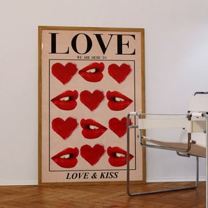 70s Love & Kiss Poster: Retro Red Wall Art (Digital Download)