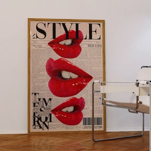Póster de revista retro, impresión de los años 70, arte de pared roja, póster de periódico, decoración de habitación para niñas, arte psicodélico, impresión de moda, arte trippy, impresión de labios rojos