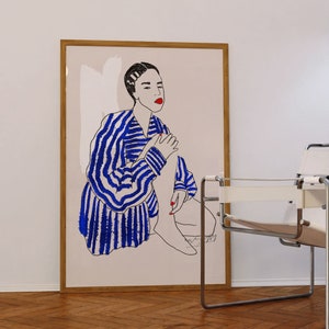 Blue Line Art Woman Poster: 70s Retro Print